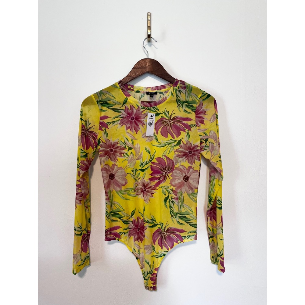 Express NWT Womens Yellow Floral Mesh Long Sleeve Bodysuit Festival | Medium